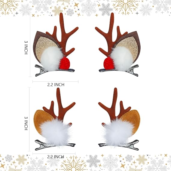 TailaiMei Christmas Hair Clip, 2 Pairs Cute Reindeer Antlers Ears Hair Accessory with Plush Ball, Christmas Hair Pins for Women and Party Favors