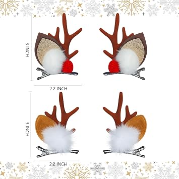 TailaiMei Christmas Hair Clip, 2 Pairs Cute Reindeer Antlers Ears Hair Accessory with Plush Ball, Christmas Hair Pins for Women and Party Favors