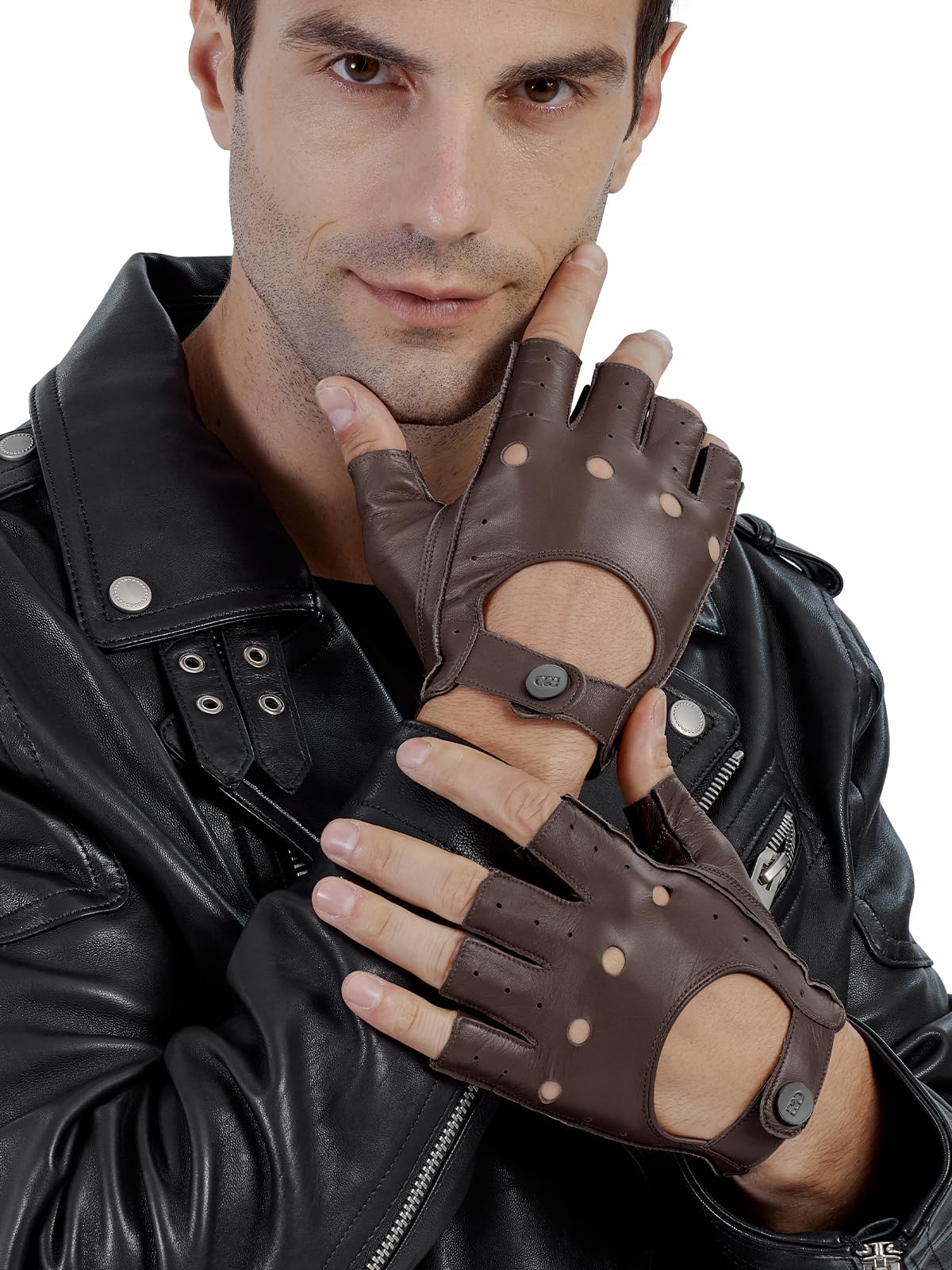 GSG Men's Fingerless Leather Driving Gloves, Half Finger, lambskin