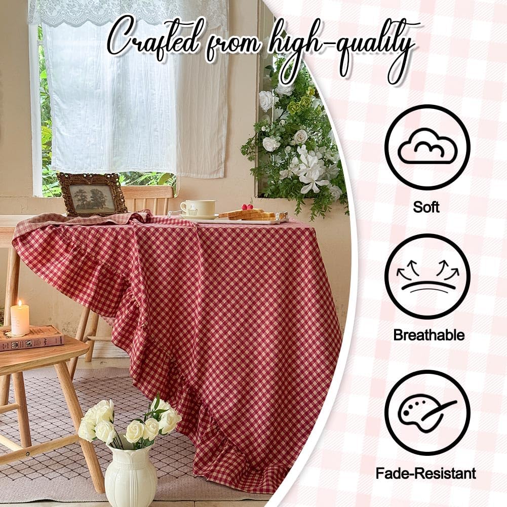 NSNLGSGC Red Plaid Gingham Ruffled Tablecloth Rectangle, Washed Cotton Blended Checkered Table Cover for Dining Room or Kitchen, Fits 4-6 Seater Table 52"x 70"