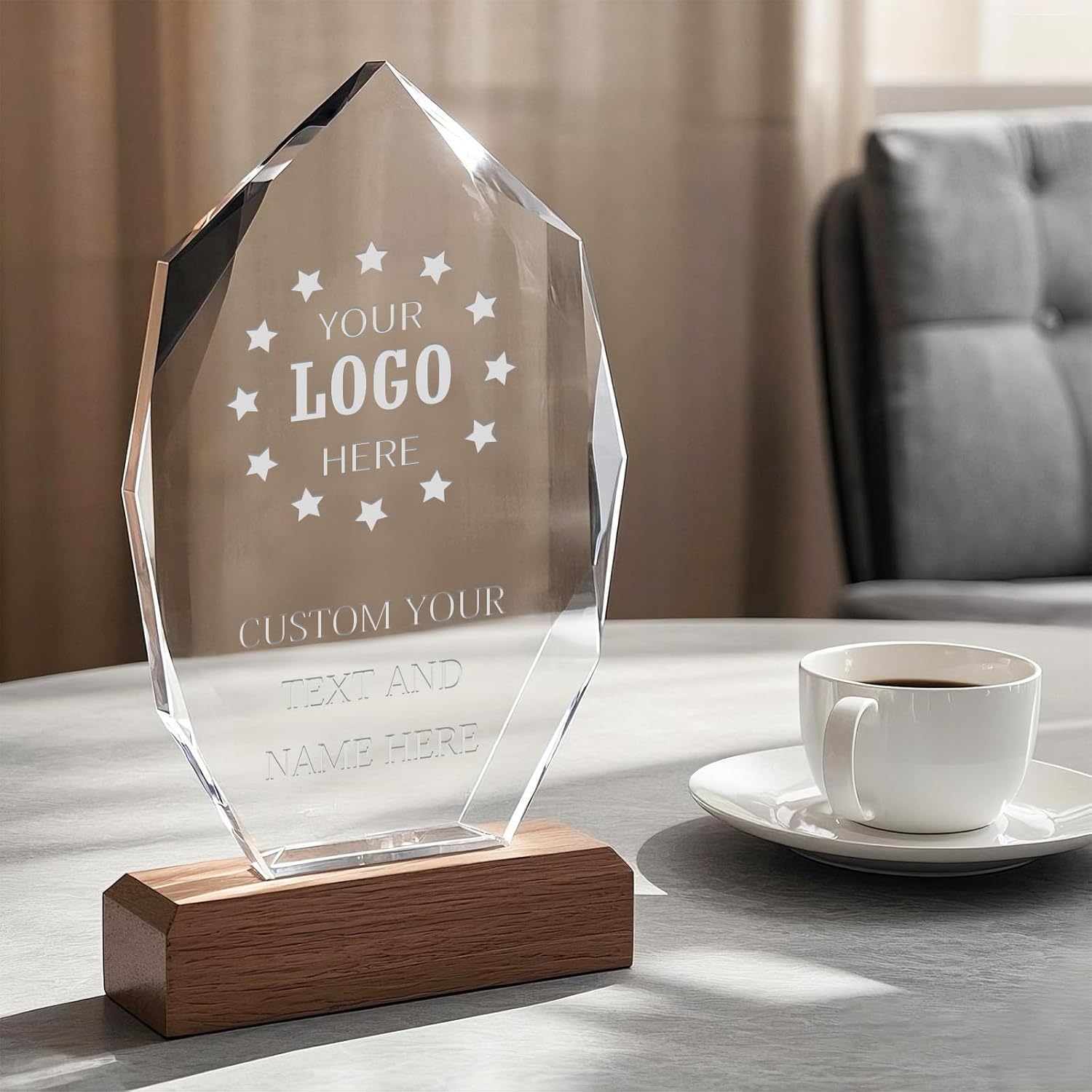 Custom Crystal Trophy Award with Wood Base, Personalized Engraved Text and Logo on Glass Plaque, Appreciation Gift for Employees, Boss, Manager, Retirement, Sports Recognition
