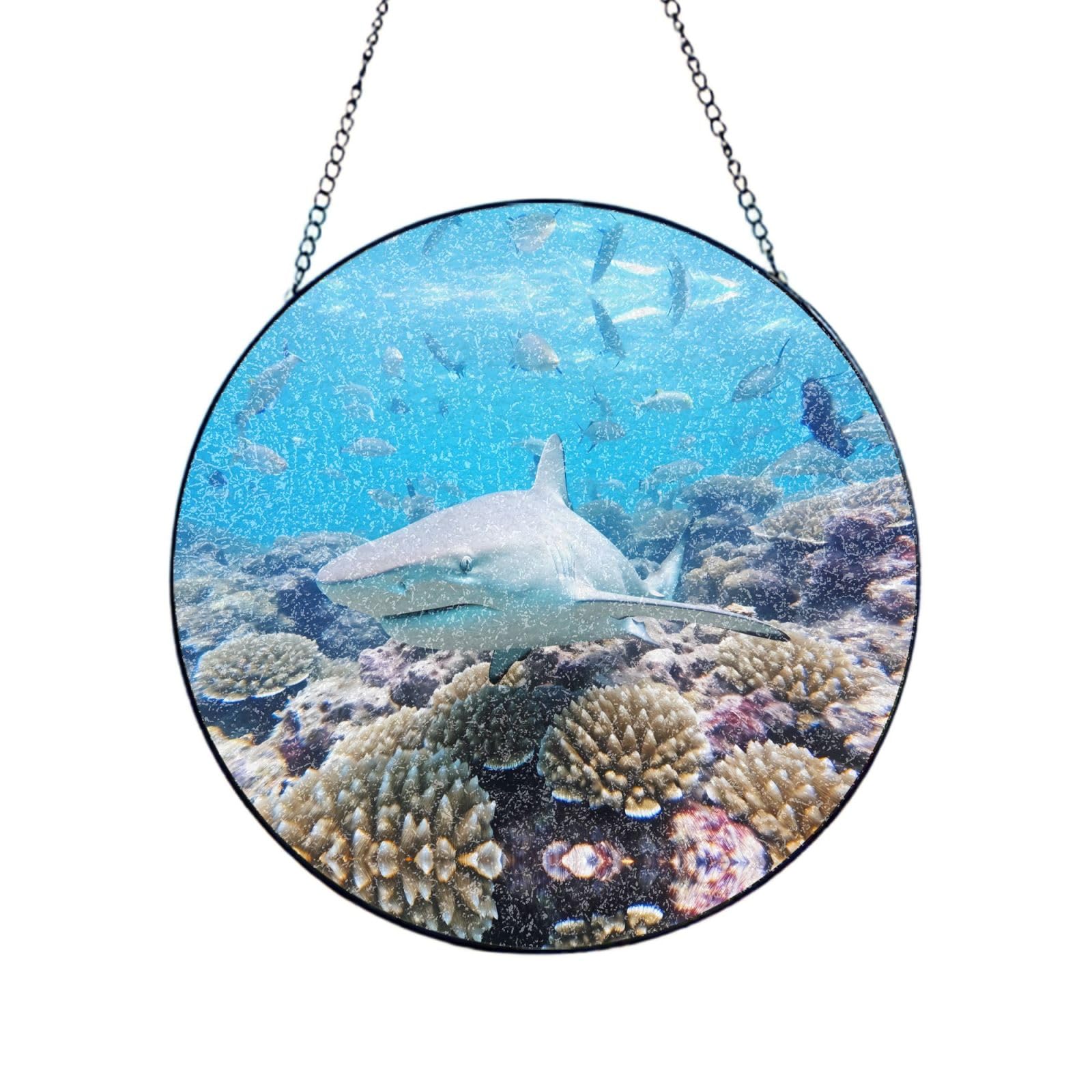 Phayah Shark By Coral Reef Print Stained Glass Window Hanging Sun Catchers Decoration Mother'S Day Birthday Gifts For Home Garden Porch 10in（25cm）
