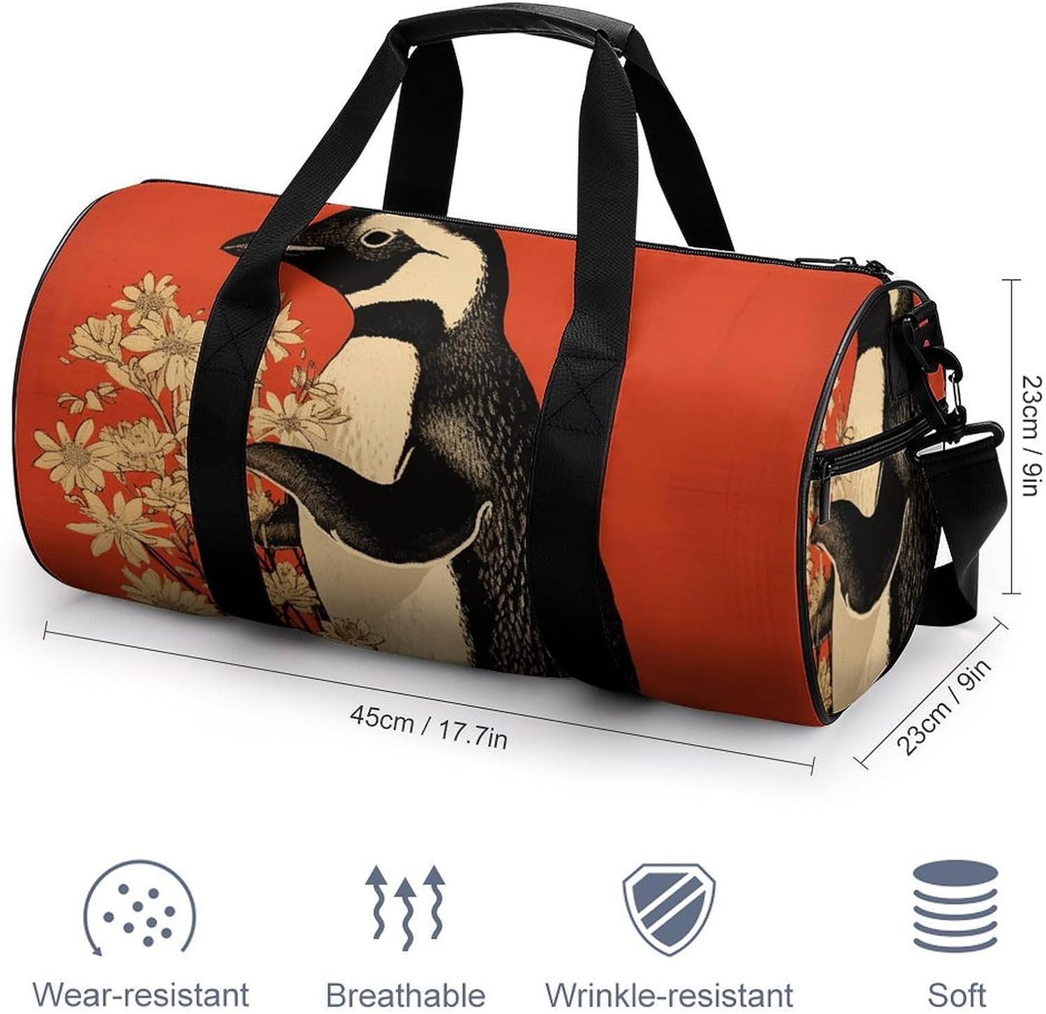 Penguin Holding Flower Gym Bag Hand-held Fitness Bags Cylindrical Fitness Bag with Shoe Large Compartment Duffle Bags for Travel Sports Unisex image 2