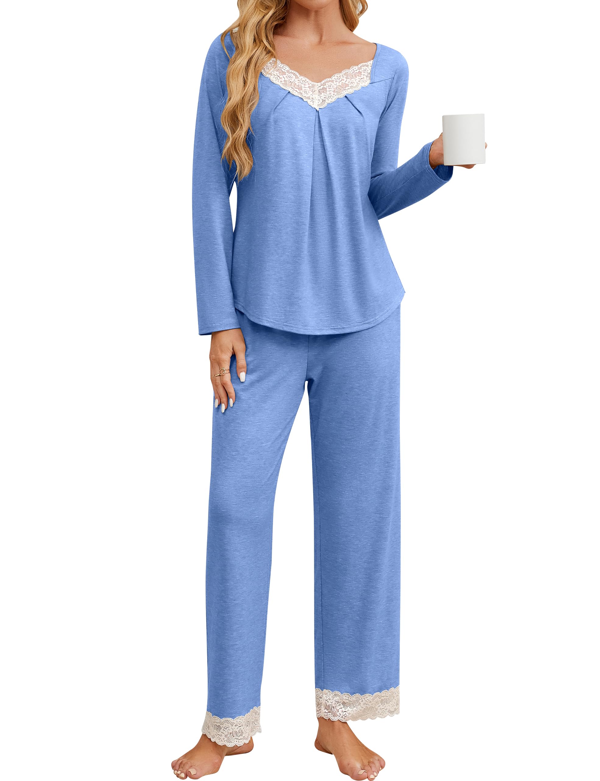 BMJL Women's Pajama Sets 2 Piece Lounge Sets Cute Lace V Neck Pj Sets Long Sleeve Sexy Loungewear 2024 Fall Outfits