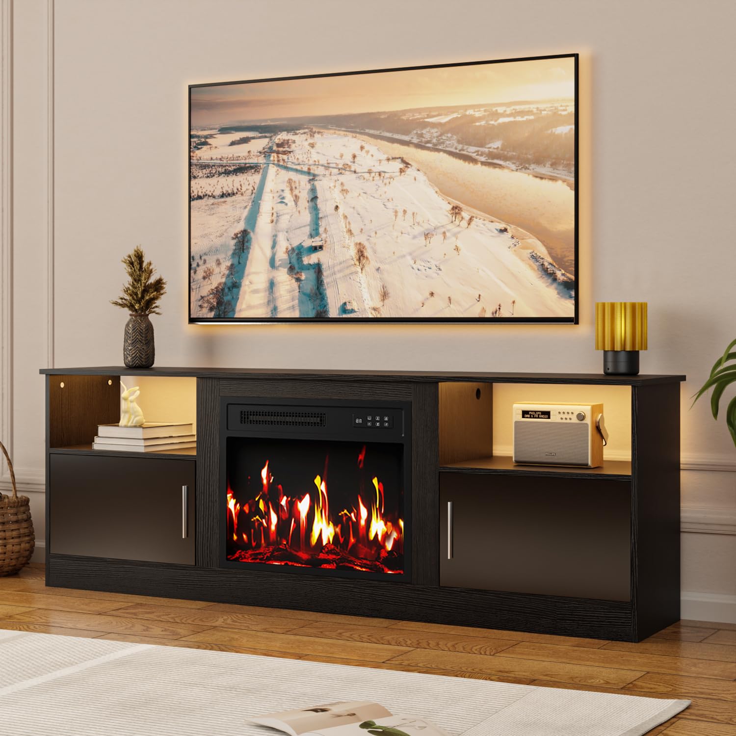 VENDORZ Fireplace TV Stand with 23" Fireplace, Electric Fireplaces 70" TV Stand for Living Room, Black Entertainment Center with Fireplace, TV Stand