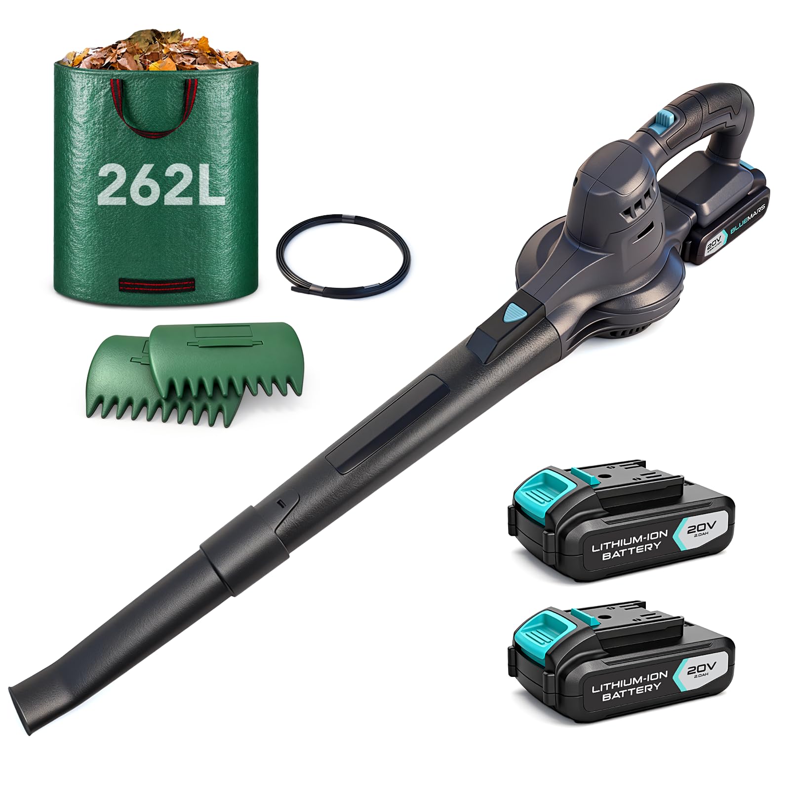 BlueMars Cordless Leaf Blower Lightweight for Gardens, Patios, Gutters, Driveways,w/ 2x 20V Battery,1x Charger, Minimal Noise,Include Garden Leaf Grabbers & Garden Waste Bag,Blowing Leaf/Snow/Dust