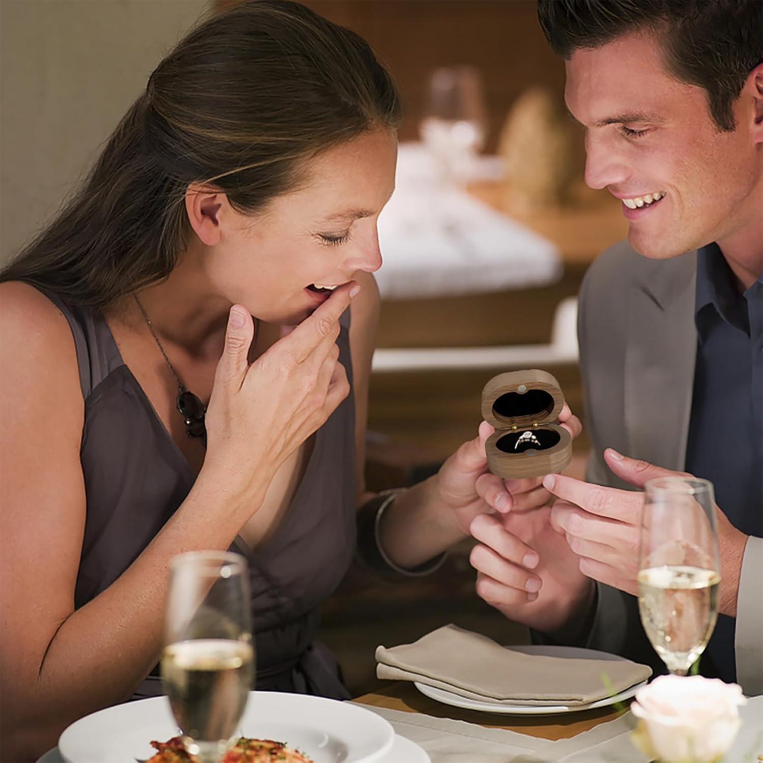 mens wood small ring case bearer holder single gift box 1 slot Proposal engagement ring box caja para anillo de compromiso rural retro ring earring gift box(Walnut swan velvet black lining) - Image 4