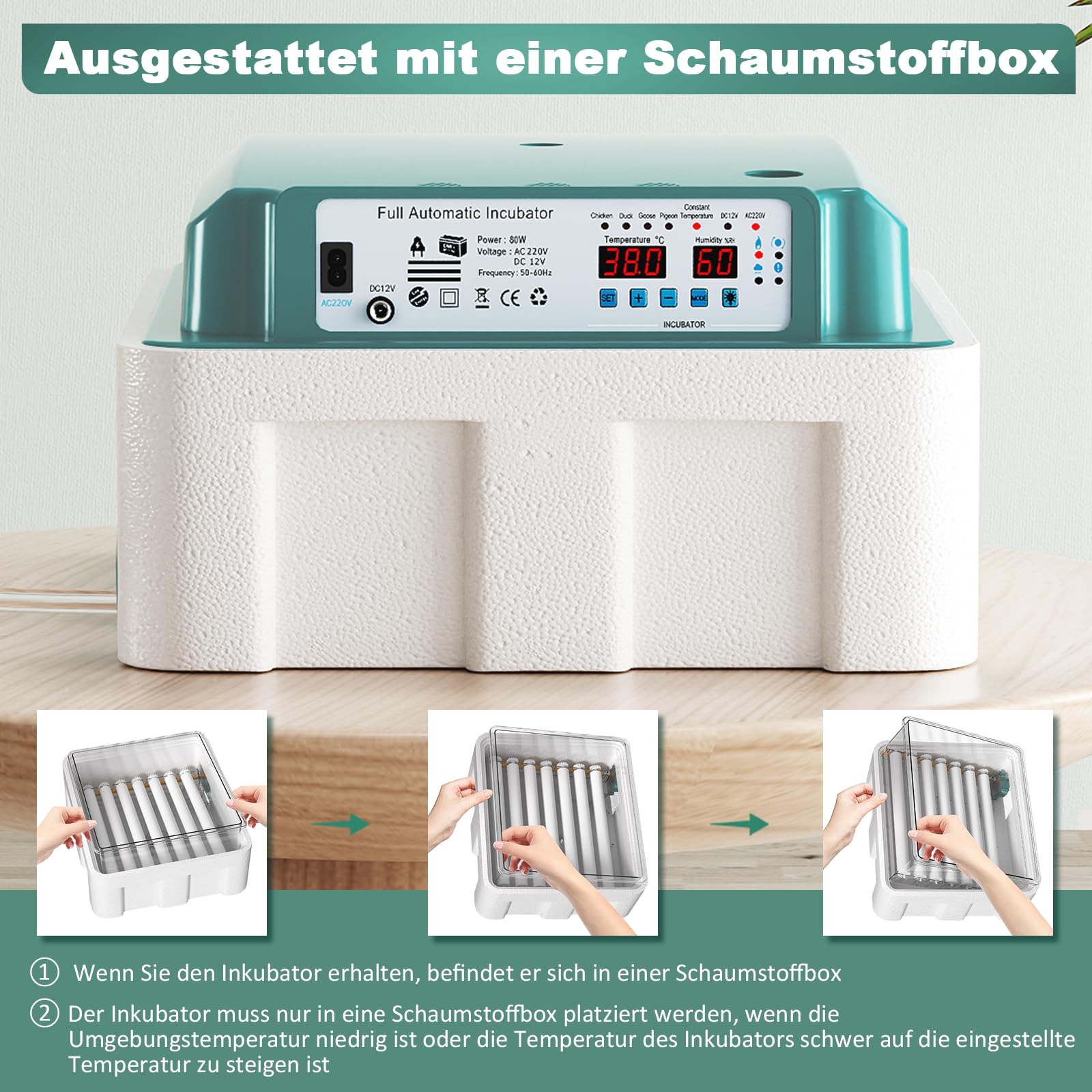 CoInceptus Brutautomat Vollautomatisch, Inkubator Hühner 24-36 Eier mit Automatischem Eierwenden und Automatischer Wasserzugabe, Brutkasten Hühner mit Vier Automatischen Inkubationsmodi