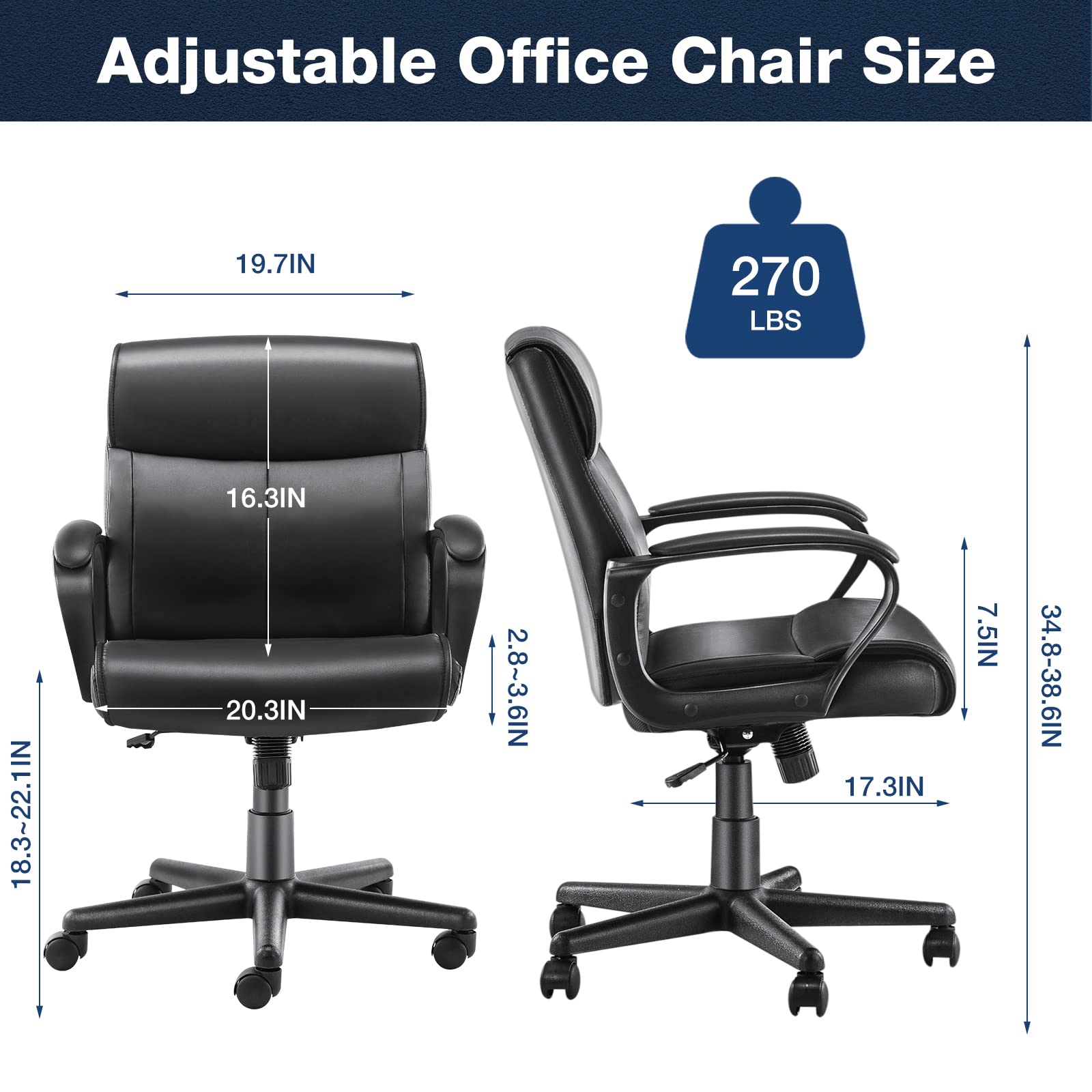 MCQ Home Office Mid Back Executive Task Adjustable Computer Desk Chair with Lumbar Support, Padded Armrest, Swivel Rolling, Wheels, Comfy Cushion Seat for Work, Study, Black