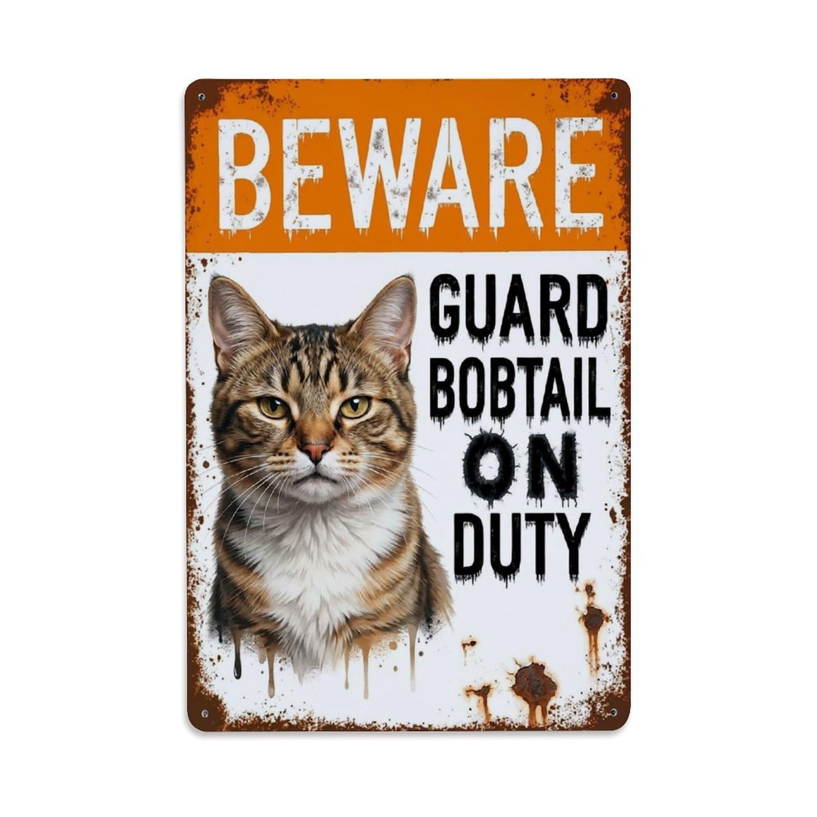 Vintage Funny Bobtail Guard Beware of Cat Stairway Metal Tin Sign Plaque Wall Decor for Cafe, Club Bar, Office, Garden Metal Poster 8x12Inch