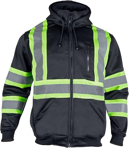 VENDACE Sudadera con capucha de forro polar reflectante de alta visibilidad ANSI Clase 3 para hombres con capucha desmontable (negro, L)