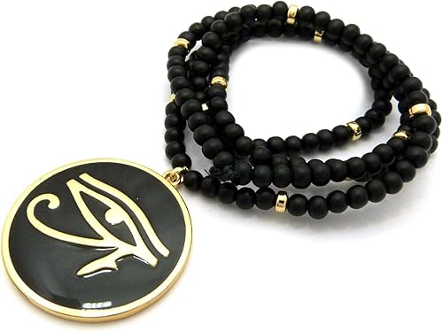 Miniatura 3 de Colgante redondo de ojo egipcio de Horus de 0.236 in, 30 pulgadas, collar de cuentas de madera en tono dorado y negro