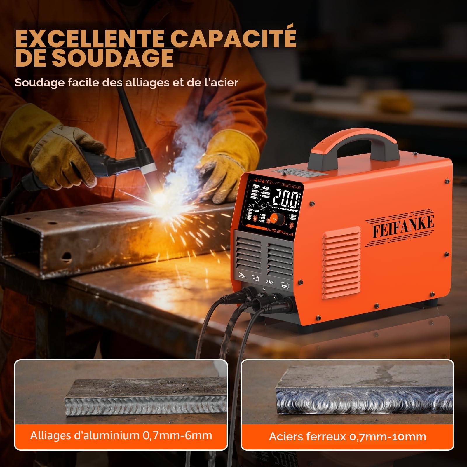 FEIFANKE Poste A Souder TIG AC DC 230V 200A IGBT Inverter Poste à Souder Pulsion Aluminium Poste à Souder 7 en 1 avec Affichage Digital LED et Torche WP26 TIG pour Inox Aluminium