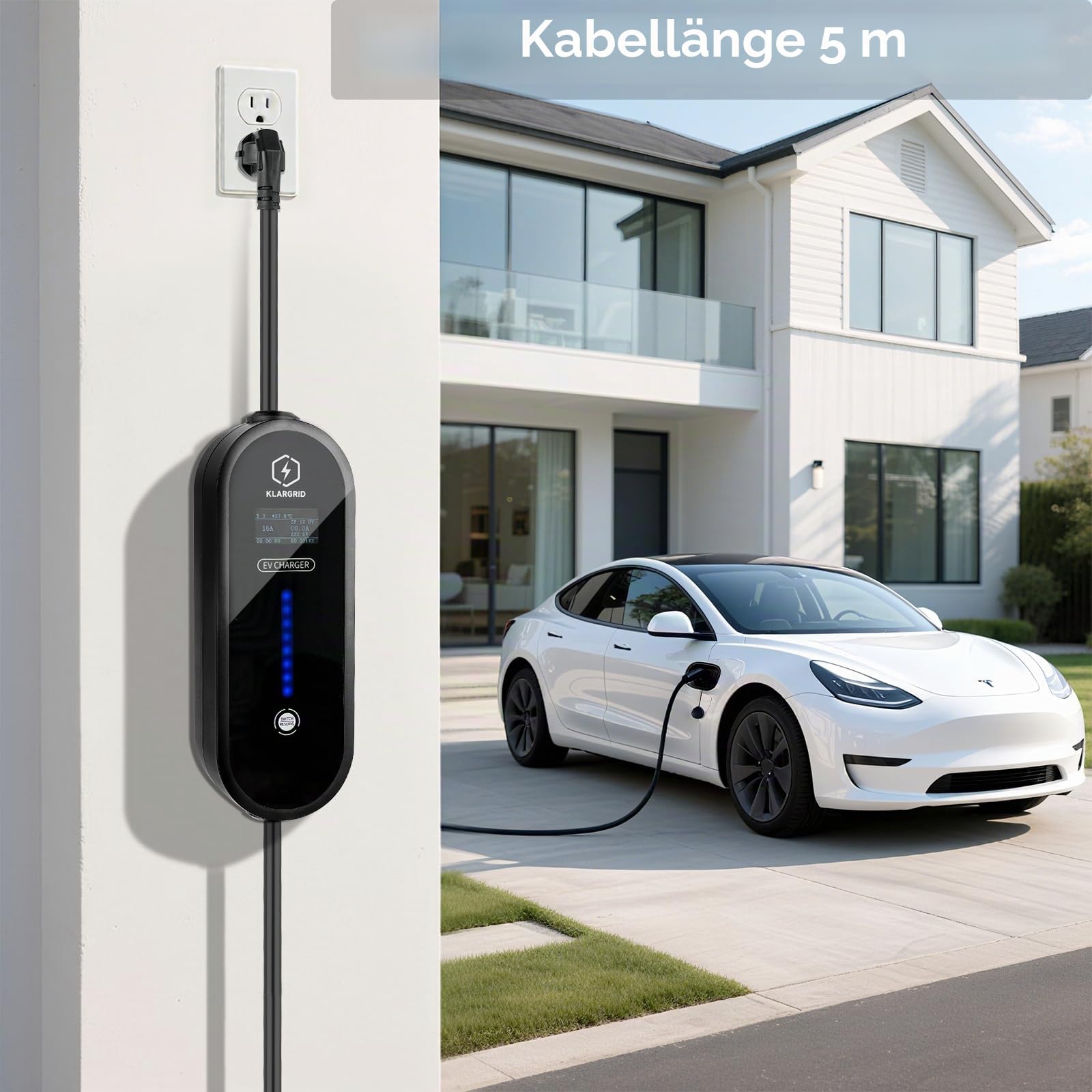 Typ 2 Ladekabel Schuko 3,5KW | 8A/10A/13A/16A | 5m | IP54 | Steuerbare Digitalanzeige | Verzögerungsstart & Stromregelung | Für Elektroauto & PHEV