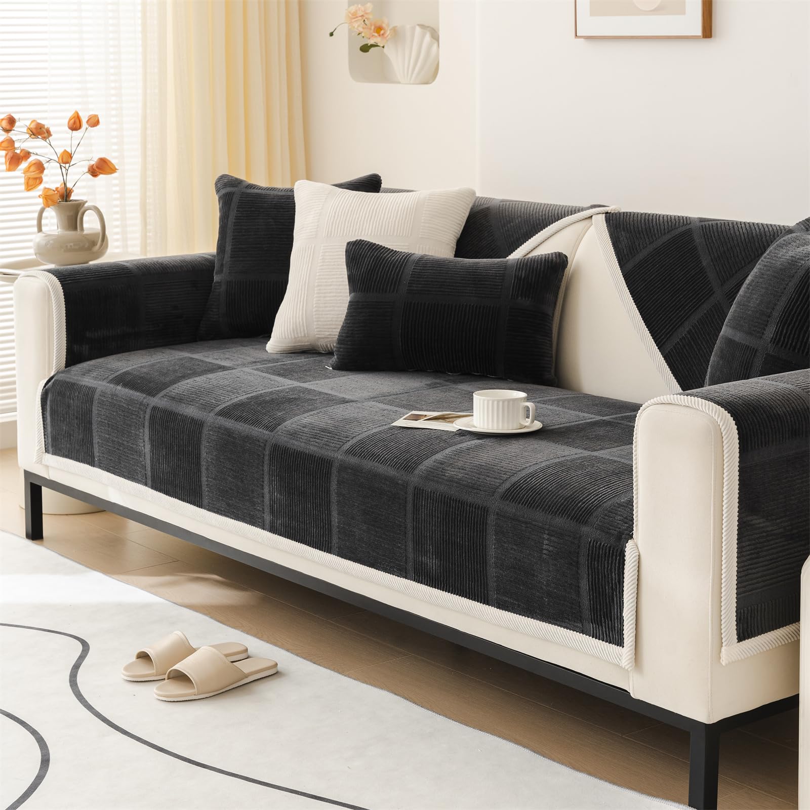 LINGKY New Milk Velvet Sofa Covers Washable - Sofa Cushion Covers, Non-Slip Sofa Cover 1 2 3 Seater Couch Covers for Sectional Sofa, Sofa Slipcovers L Shape Furniture Protector (Black, 110x240cm) — image 1