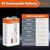 Vista 3 de Baterías recargables de litio de 9 V de 1000 mAh con cable de carga USB 2 en 1, batería de iones de litio 6f22 de 9 voltios para detector de humo