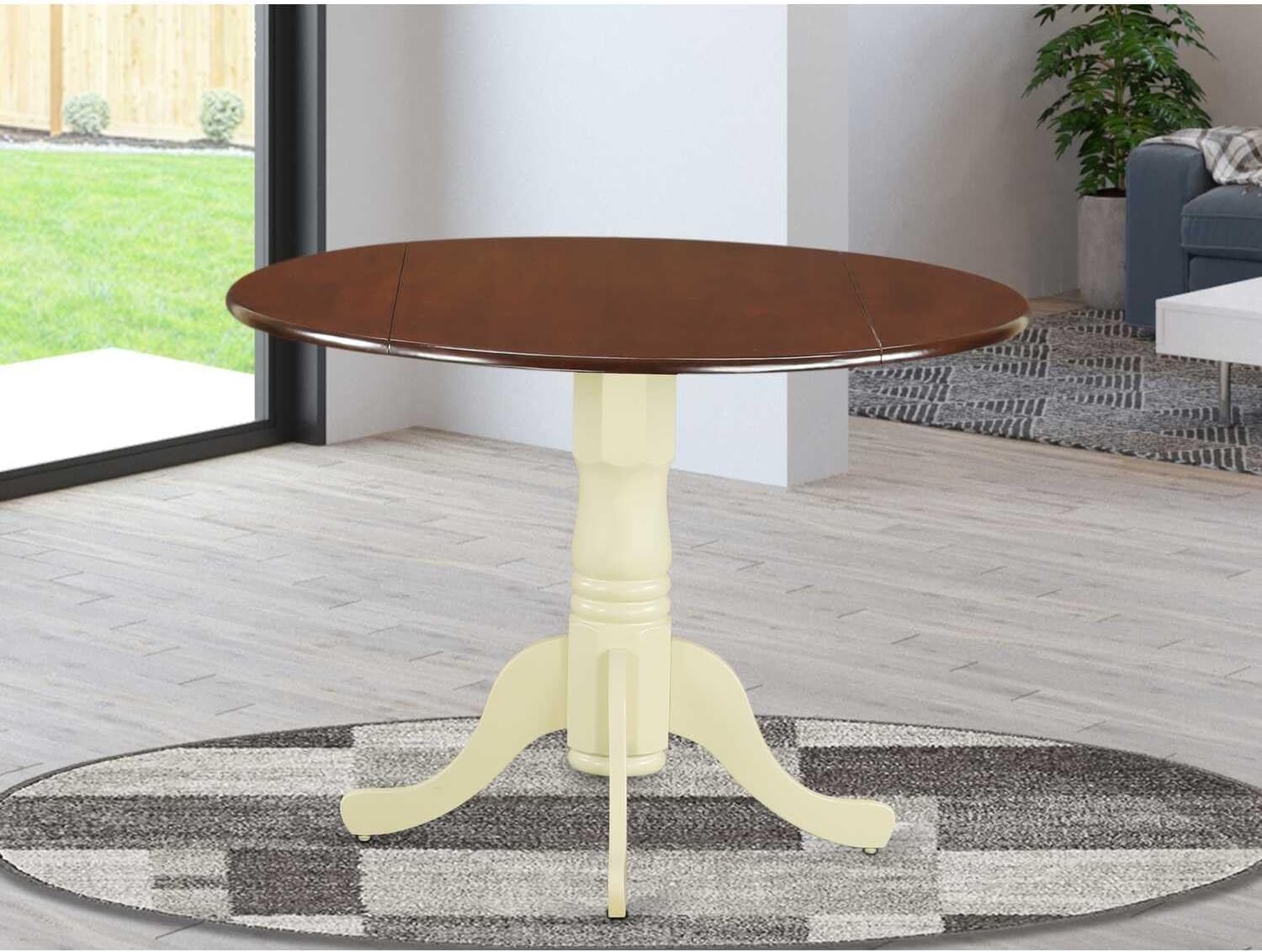 HomeStock Round Wood Dining Table - Sturdy Kitchen Table for Small Spaces Mahogany and Buttermilk/42-Inch with Dropleaf