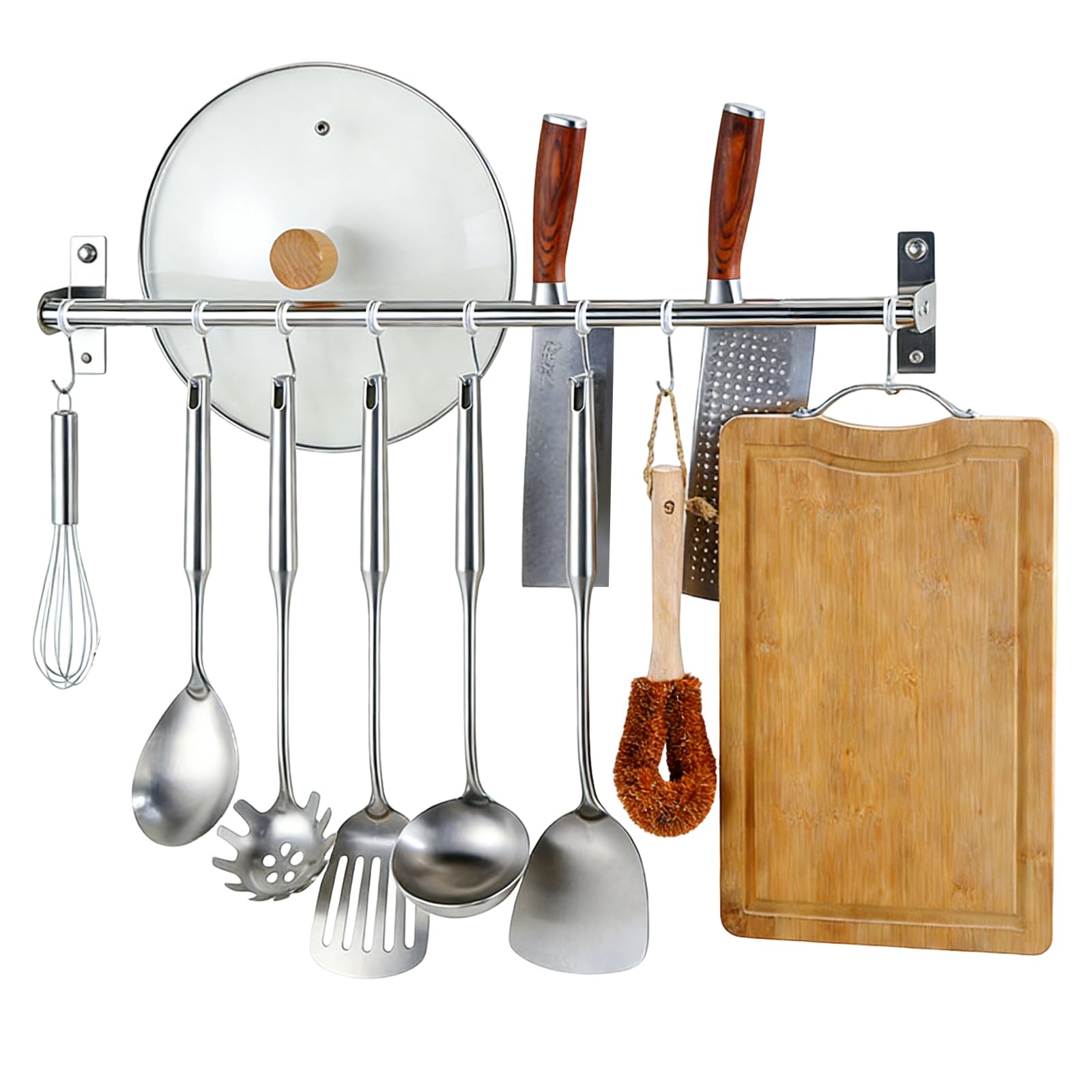 Apradas 40cm Kitchen Rail with 8 Hooks, Kitchen Utensil Holder Self Adhesive & Drill, Stainless Steel Utensils Wall Holder for Pan Utensil Spoon Turner