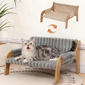NICEME Elevated Wooden Cat Sofa Bed, Small Raised Cat Furniture with Replaceable Washable Warm/Cool Cushions for Indoor Cats Grey, S