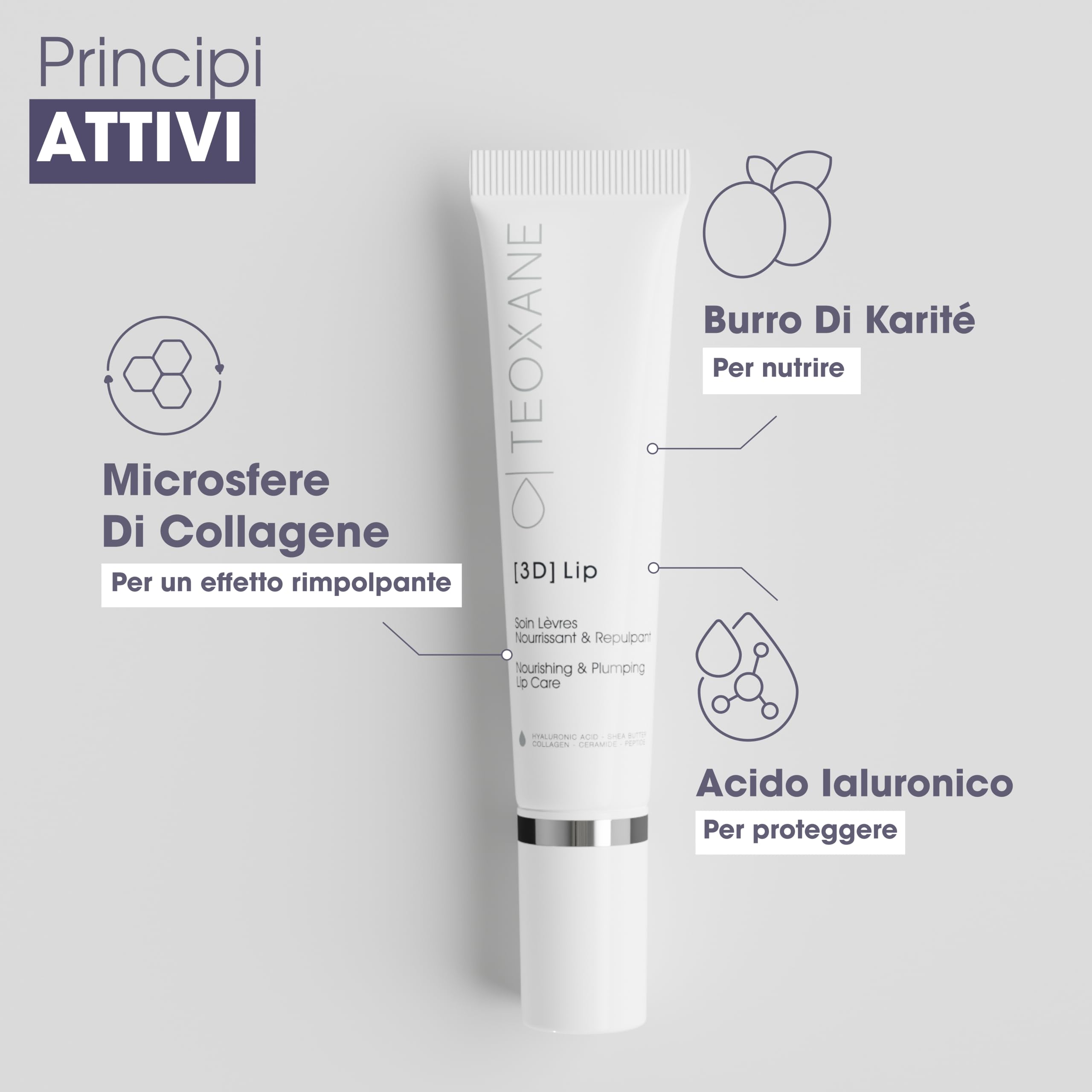 TEOXANE - [3D] Lip - Balsamo labbra 3D all’acido ialuronico, Idrata, rimpolpa e sublima, Formula con Collagene e Burro di Karité, Applicatore metallico rinfrescante, Adatto a tutti i tipi di pelle.
