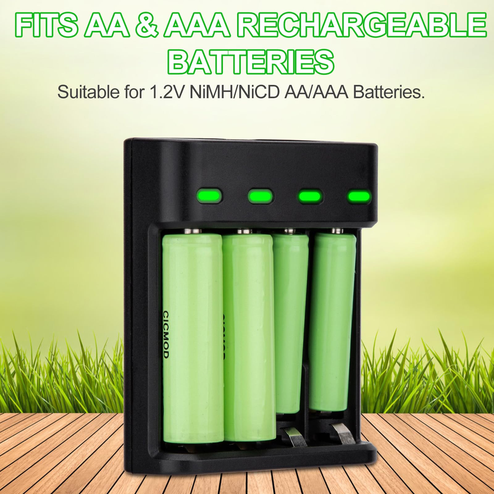 CICMOD 4 Bay AA AAA Battery Charger, USB Battery Charger for 1.2V NiMH NiCD Rechargeable AA/AAA Batteries, Black