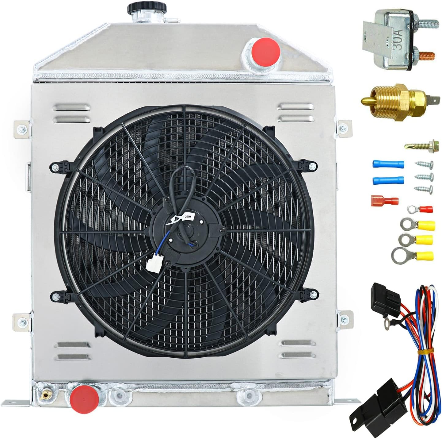 Aluminum Radiator for 1946-1948 1942 Ford Coupe Ford Configuration AT, 3 Row Core Cooling Radiator + Shroud/Fan + Relay Kit