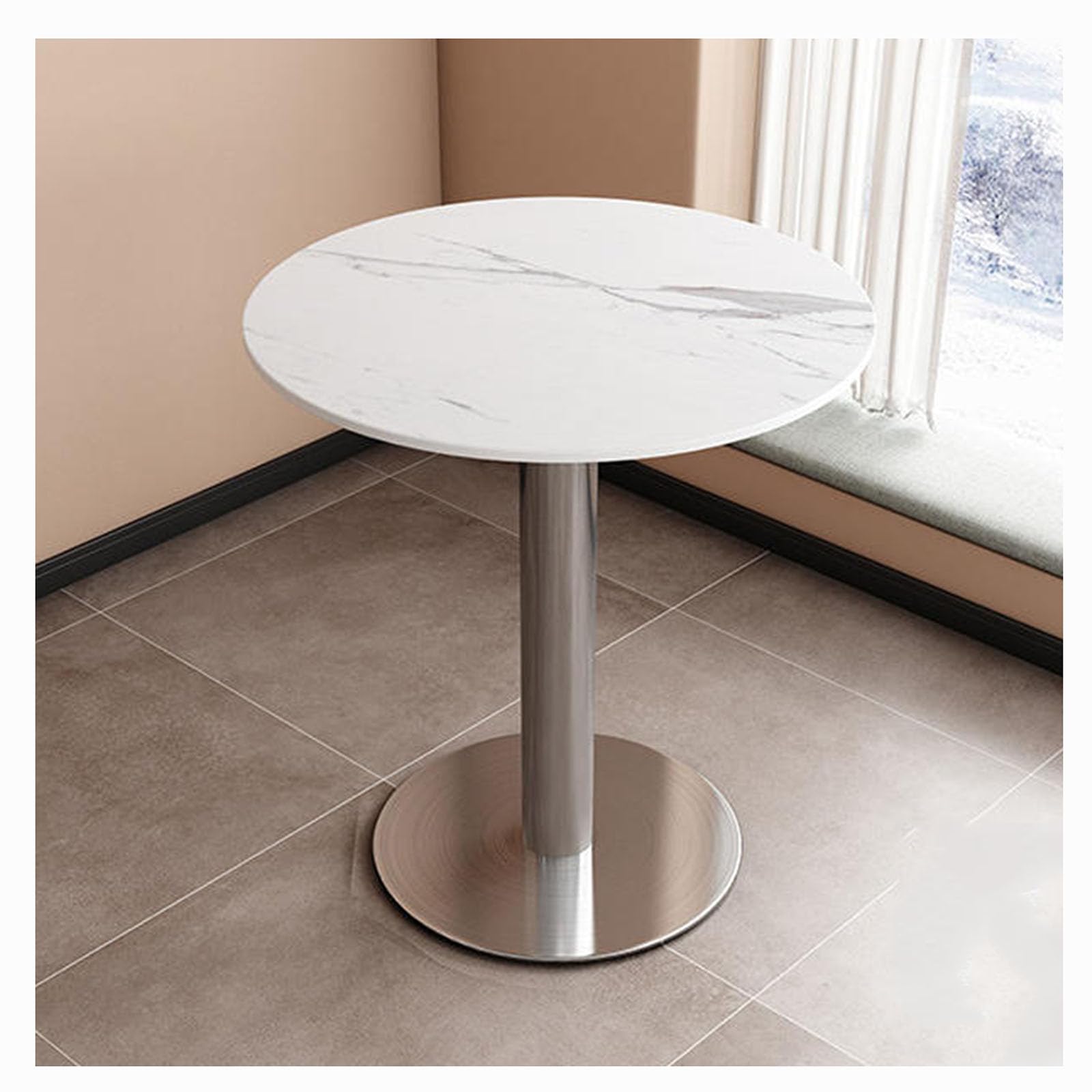 JHAISMAO Round Coffee Table With Metal Legs, Modern Marble Top Center Table For Living Room, Compact Dining Table For 2/4 Seater, Home Office Furniture(Size:80x80x75cm,Color:White)