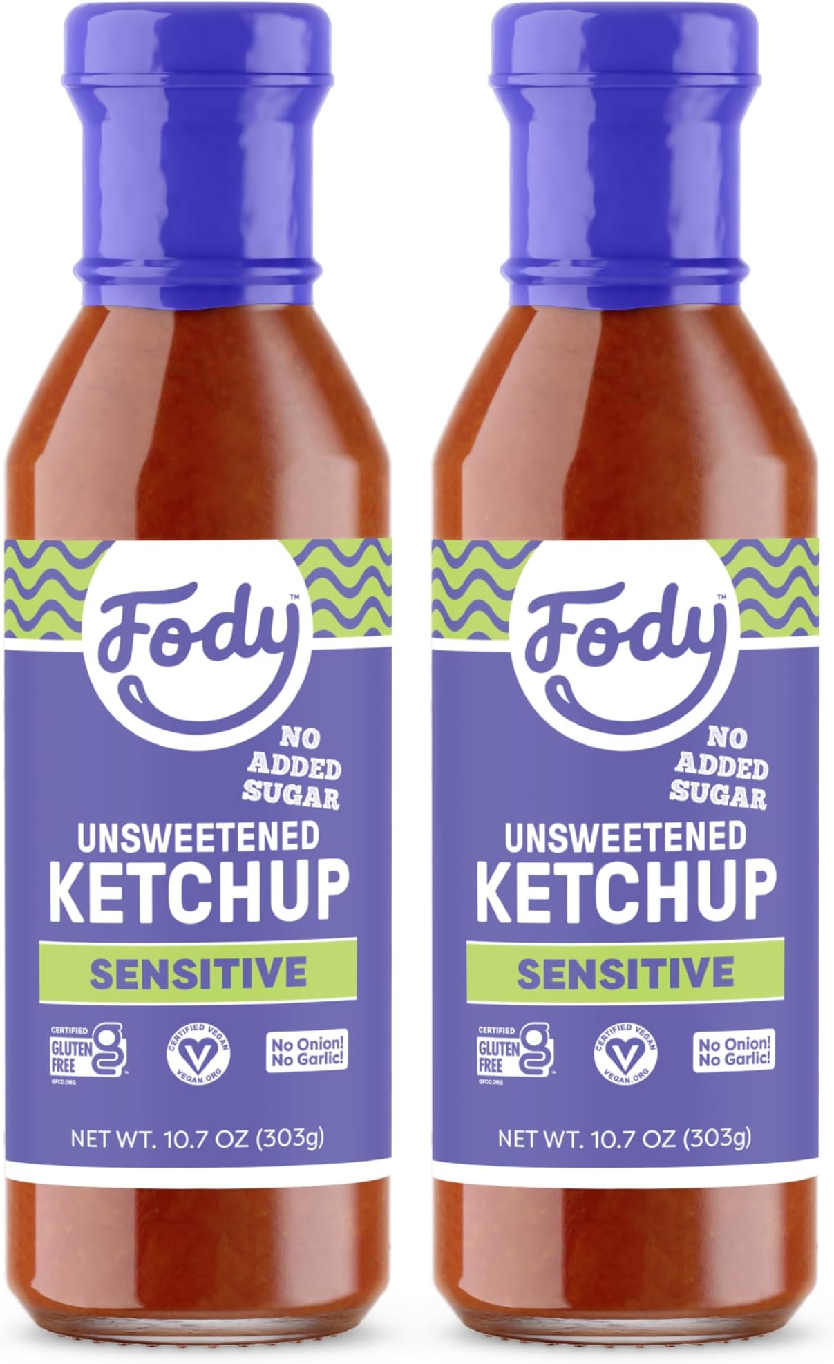 Fody Foods Vegan Unsweetened Tomato Ketchup, Low Fodmap Certified, Sensitive Recipe, Gut & IBS & Keto Friendly Condiment, Non GMO, 2 Pack
