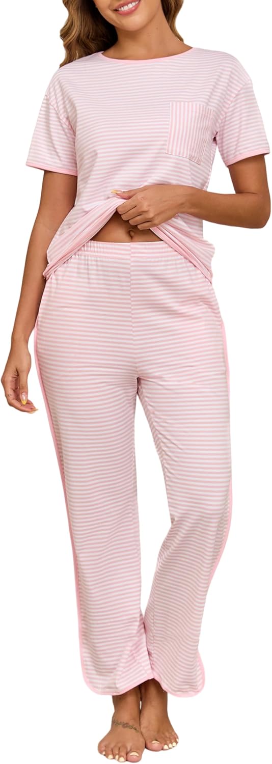 Donnalla Women's Pajama Sets Cotton 2 Piece Lounge Set Stripe Short Sleeve Pj Set Comfy Loungewear Sleepwear with Pocket
