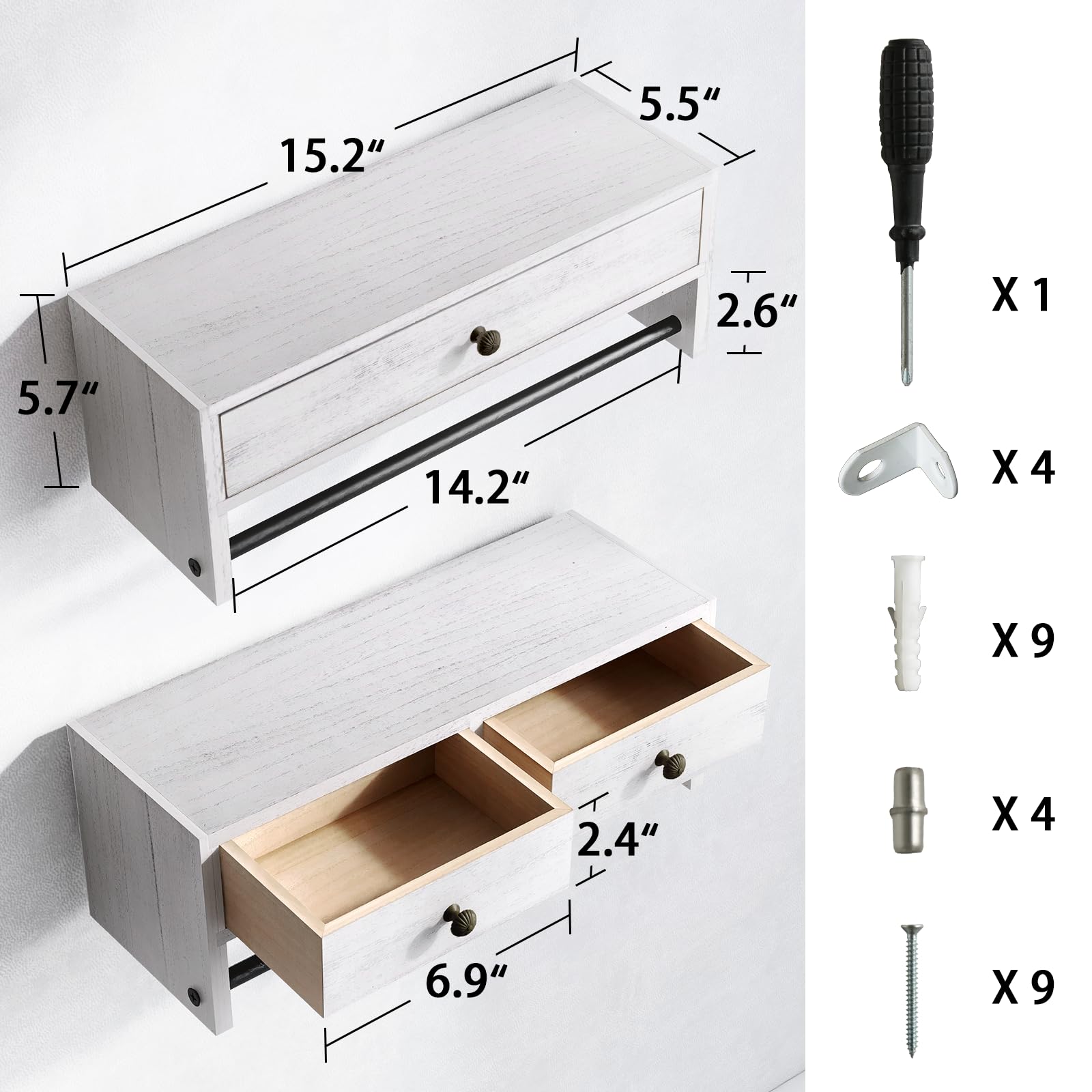 Bathroom Shelves with Drawers Set of 2 Wood Floating Shelf Wall Mounted 15.2" *5.7" *5.5" Floating Drawer with Towel Bar Floating Nightstand for Bathroom, Bedroom, Kitchen, Living Room, White
