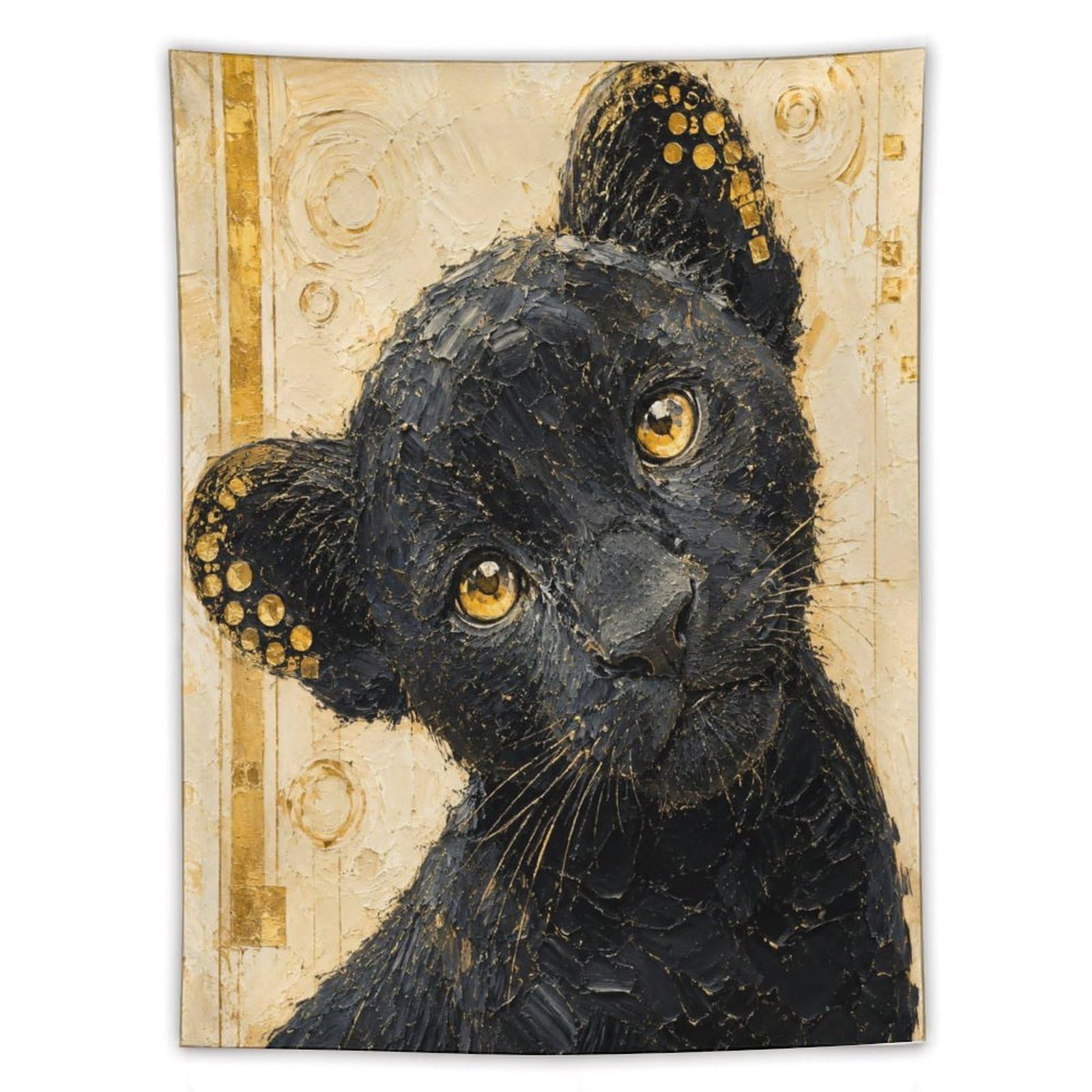 W7C8U2X3 Black Cat Portrait Wall Tapestry, Realistic Illustration