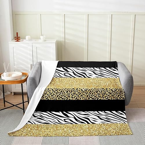 Glitter Leopard Print Throw Blanket Wild Animal Skin Stripes Print Fleece Blanket for Kids Teens Adults Modern Simple Style Fashion Flannel Blanket