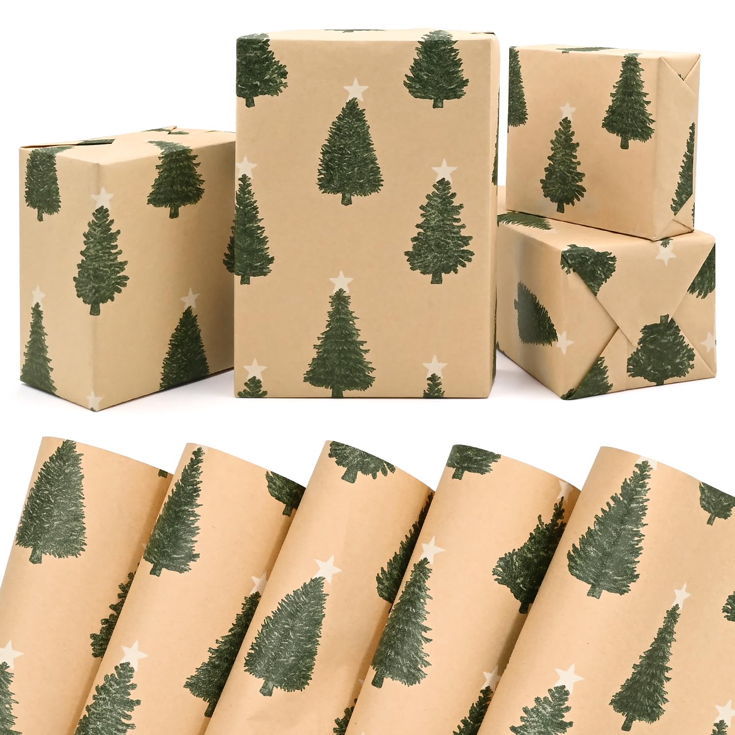 FMDPZUP Christmas Wrapping Paper 5 sheets,50 * 70cm Brown Kraft Xmas Wrapping Paper with green tree Perpect for Christmas