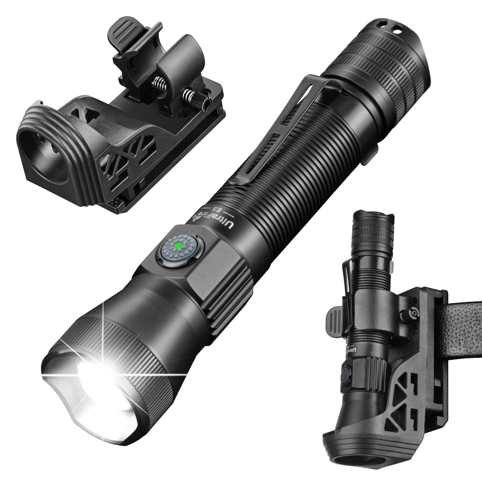 Ultrafire Matte Black 1350 Lumen Tactical Torch With Holster, Rechargeable Usb-C Led Torch, Zoomable 6 Modes Police Torch With Belt Holder For Security/Search/Patrol/Law Enforcement, E5
