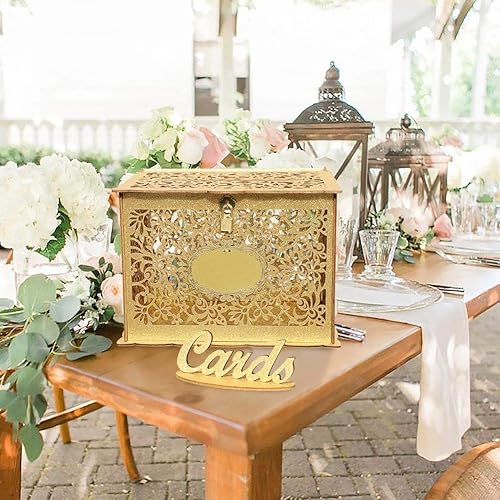 Miniatura 7 de OurWarm Caja de tarjetas de boda dorada – Cajas de tarjetas de madera brillante con cerradura, caja de tarjeta de regalo, soporte para dinero para