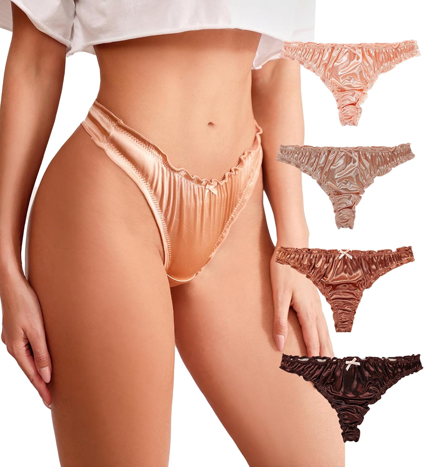 abandi Women's Satin Thongs Silk Feeling Bikini Briefs Underwear Ruched G-String Thong Panties Smooth Panties 4 Pack