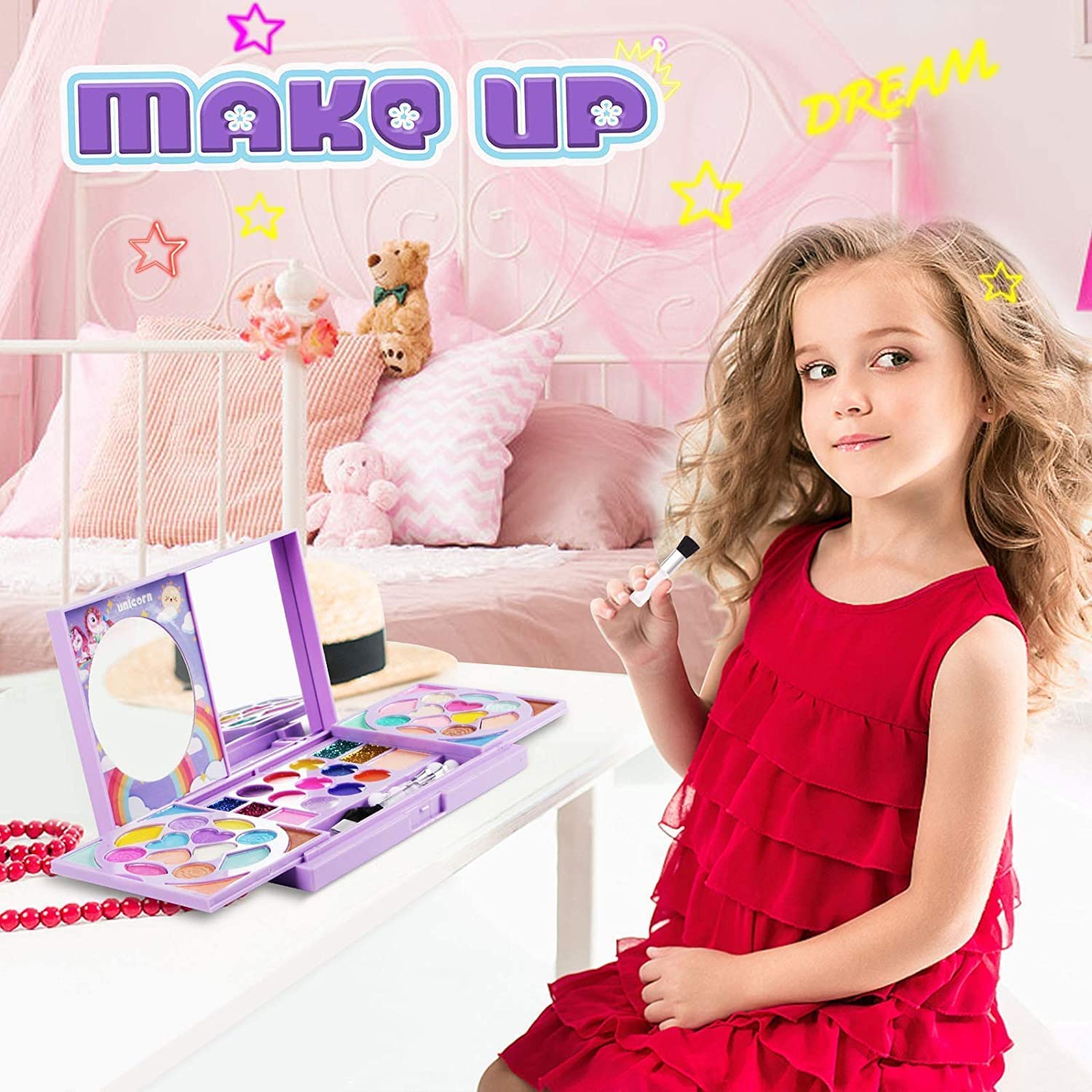 Tomons Trucchi bambina, lavabile, veri, completi, trucchi per bambina con strass autoadesivi, giochi per bambina 3 4 5 6 7 8 9-12 anni, viola