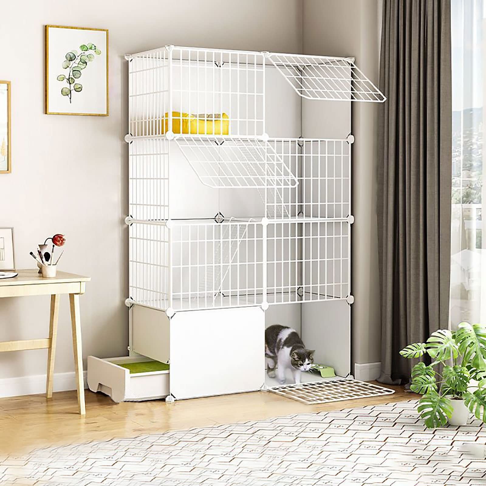 asdchZen Cat Cage Indoor Diy Cat Cages Playpen Detachable Metal Wire Kitten Cage Pet Cat Enclosures With Door For Kitten Small Animals,White-95x37x145cm