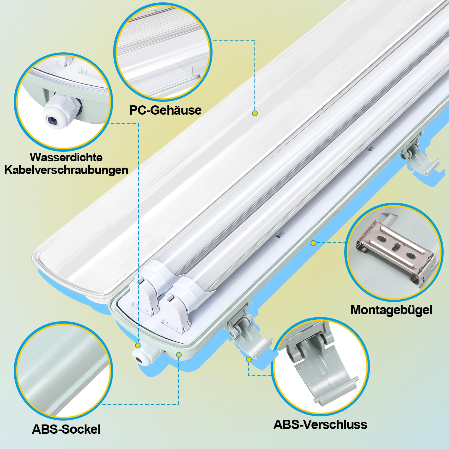 Reglette LED 120CM luz de bañera 18W antihumedad, blanco neutro 4500K, 1800lm lámpara fluorescente Impermeable IP65 luz de día iluminación de taller (4 piezas, 2x tubo T8)