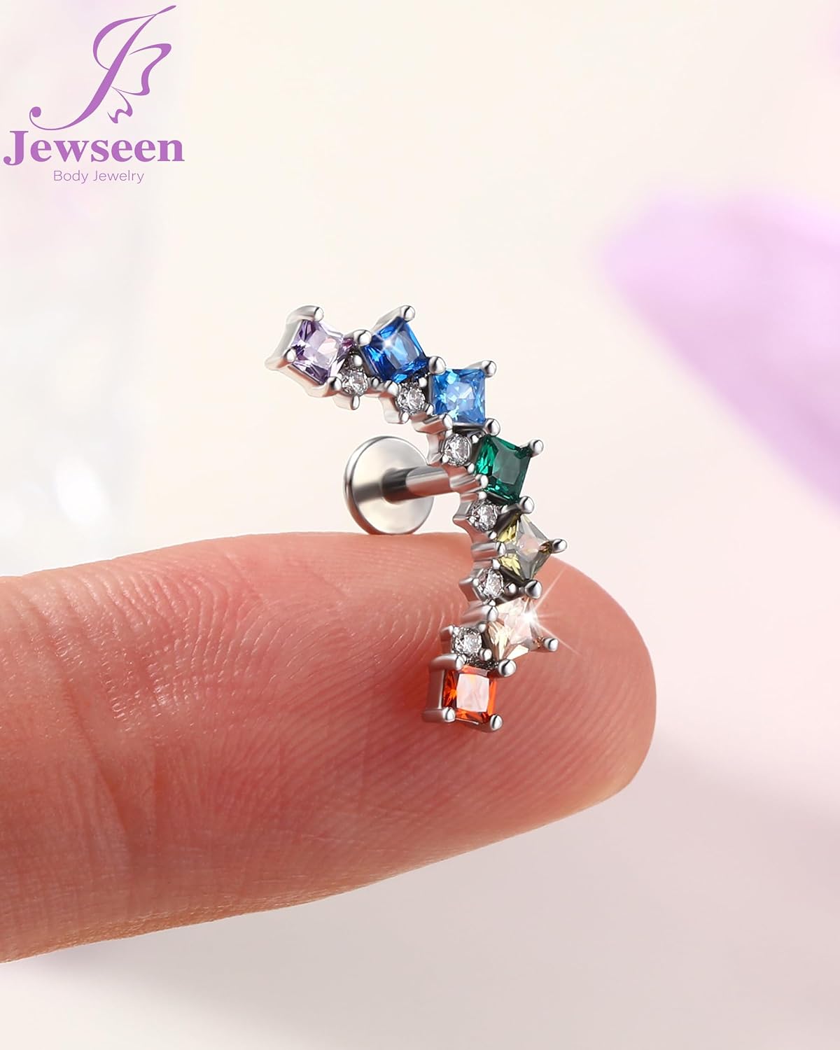 Jewseen Timeless Collection—Princess Cut 5A Grade Shiny Zircon Stud Earring for Cartilage Helix Tragus Lobe Lip Labret Surgical Steel Internal Threaded 16G 6mm Piercing Jewelry