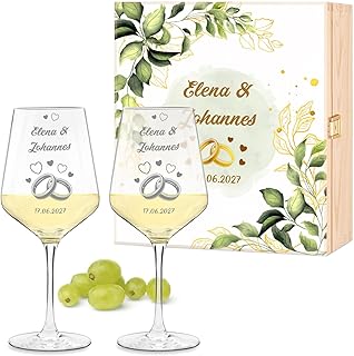 Maverton 2er Weingläser Set mit Gravur in Holzkiste - 490 ml Wein Gläser Set mit Namen und Datum - Hochzeitsgeschenk - personalisierte Geschenke für Paar zur Hochzeit zum Hochzeitstag