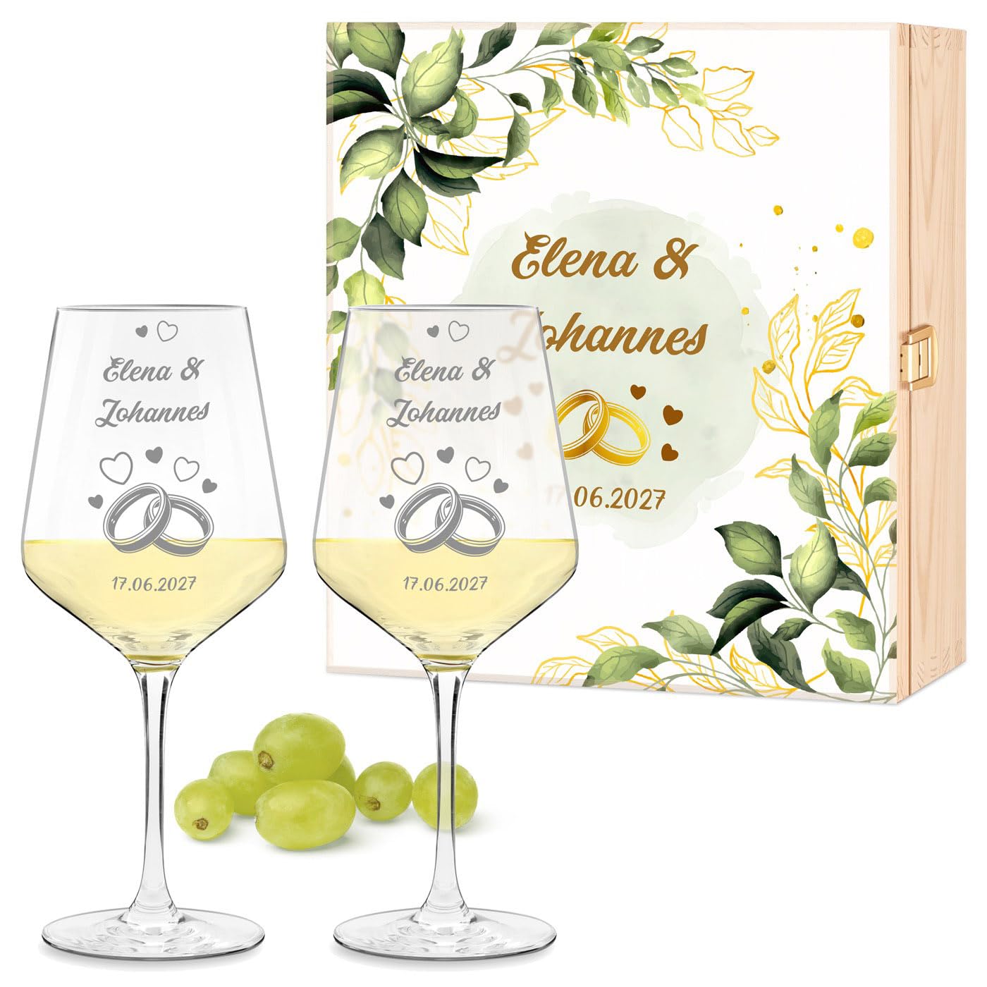Maverton 2er Weingläser Set mit Gravur in Holzkiste - 490 ml Wein Gläser Set mit Namen und Datum - Hochzeitsgeschenk - personalisierte Geschenke für Paar zur Hochzeit zum Hochzeitstag