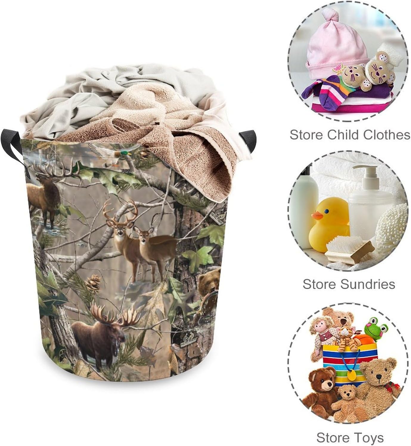 Camo Deer Camouflage Hunting Laundry Hamper with Handles Collapsible Storage Basket Laundry Basket