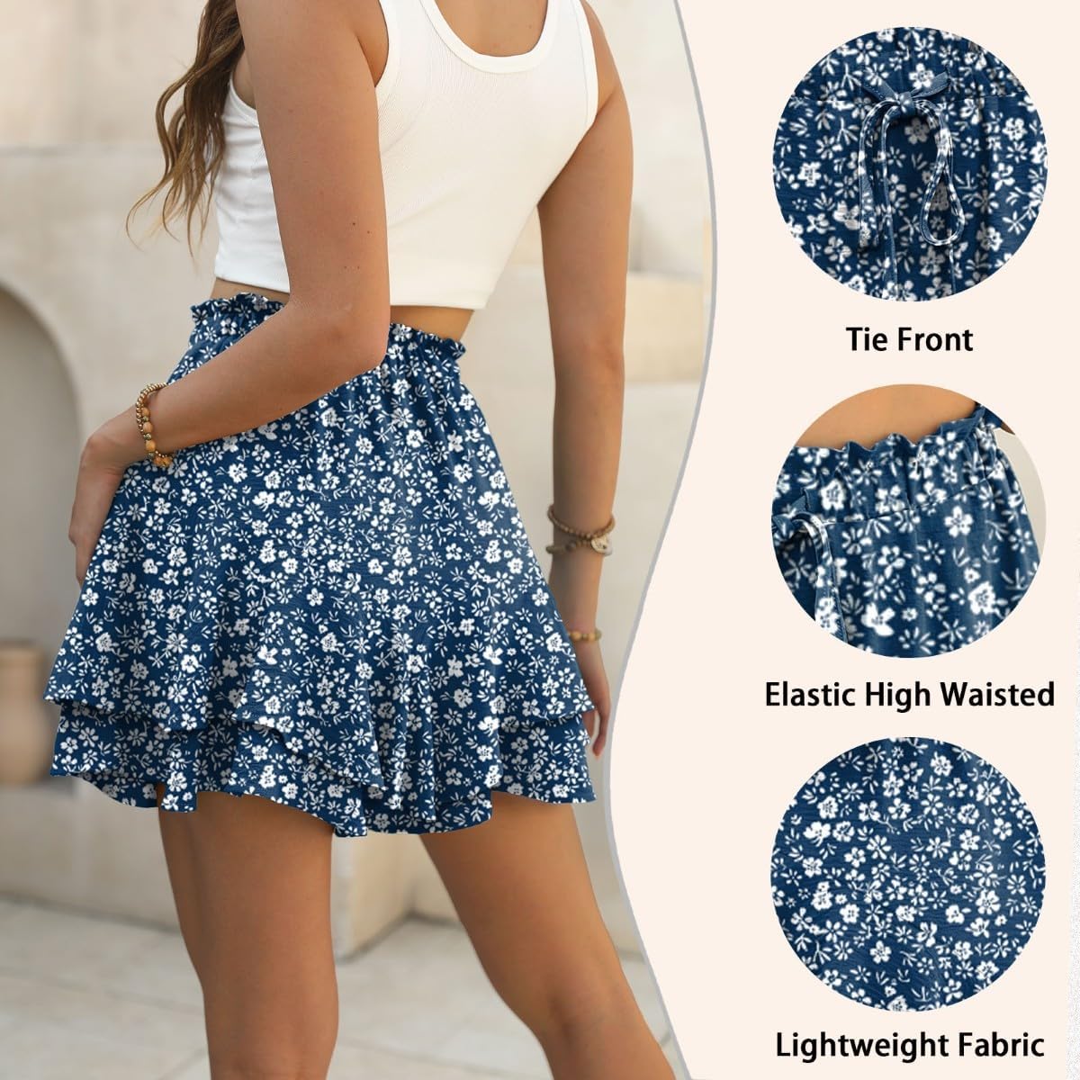 PrinStory - Pantaloncini da donna estivi a vita alta con volant, pantaloncini corti comodi a gamba larga, gonna corta, per tempo libero, spiaggia, vacanze