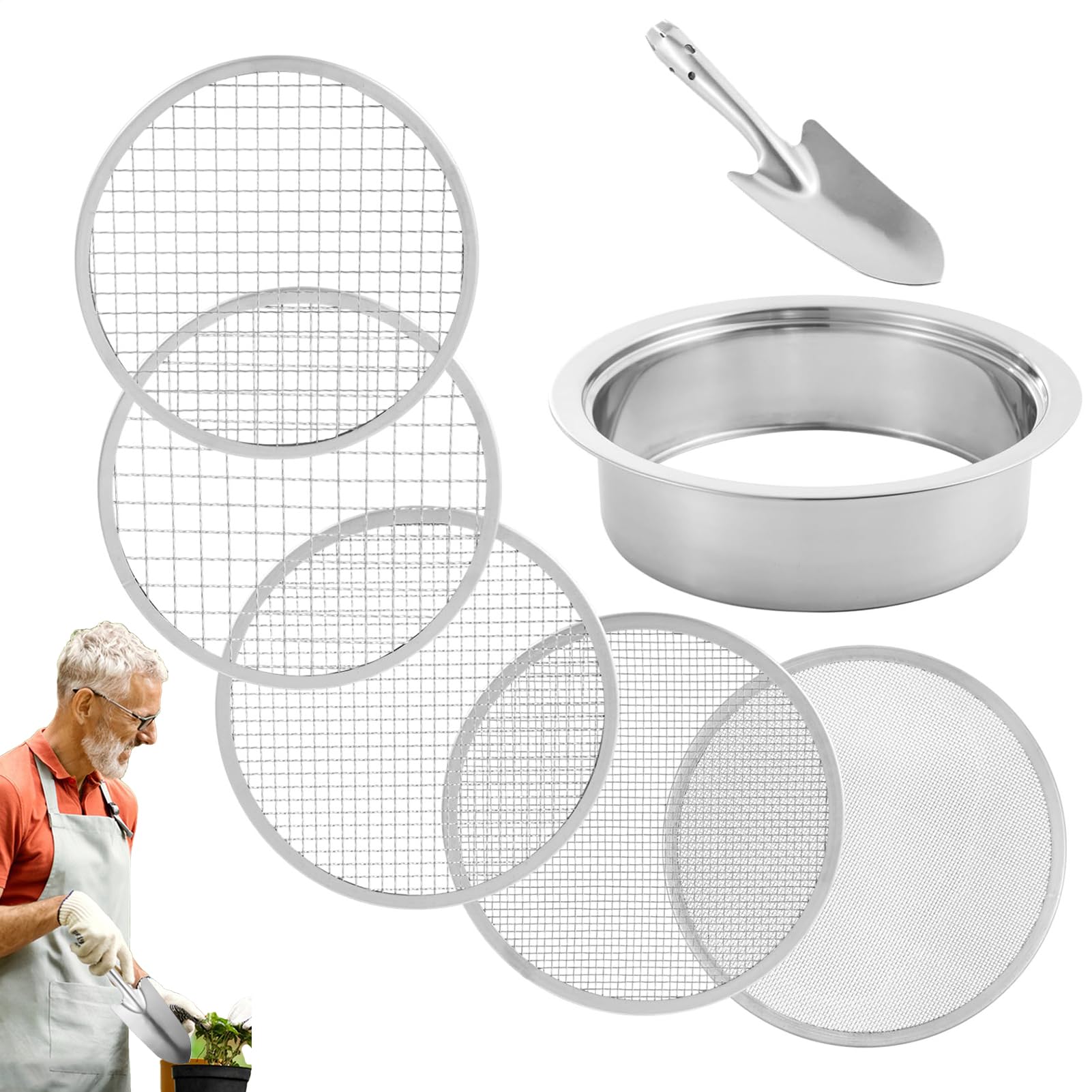Sifter, Sifter glebowy Sif -piasek ze stali nierdzewnej Sifter ogrodowy z | 1/3/6/9/12 mm sito doniczki ogrodowe z łopatą, miską do przesiewania w stos