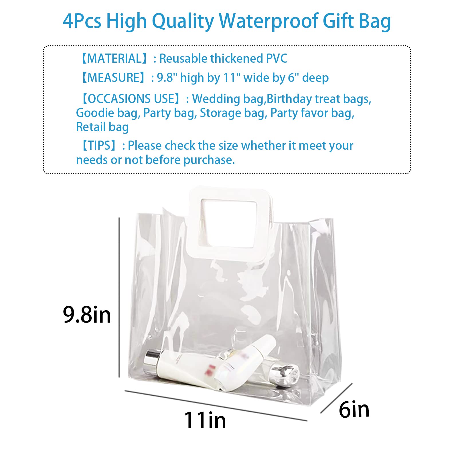 Rmannke Clear Gift Bag with Handle, 4 Pcs Large Transparent PVC Gift Bag, Heavy Duty Reusable Gift Wrap Bags for Bridal Party, Baby Shower, Wedding Favor, Shopping Bag Bulk- 9.8"x6"x11"