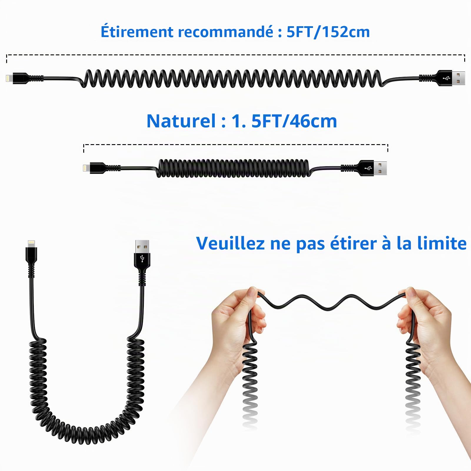 Cable Spiralé USB A à Cable Lightning, Cable iPhone Voiture Carplay [Certifié Apple MFi], Chargeur iPhone Court Rétractable avec Transmission de Données pour iPhone 14 13 12 11 Pro Max XS XR X 8 7