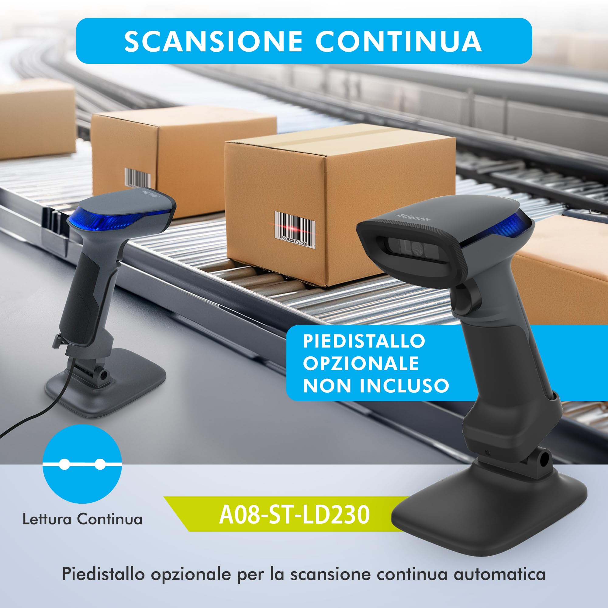 Atlantis A08-LD230P-2D Lettore Codici a Barre Barcode reader scanner 1D e 2D Ottico Prof (640x480), 60 fps, legge da smartphone e display, codice farmaceutico, collegamento USB, guida rapida