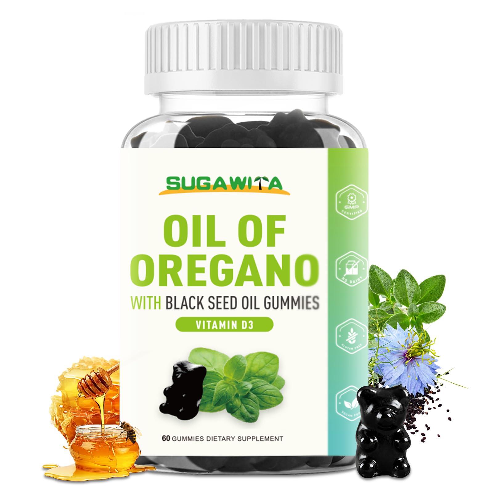 Oil of Oregano with Black Seed Oil 500mg Gummies for Adults, Vitamin D3 60 Count (Pack of 1)