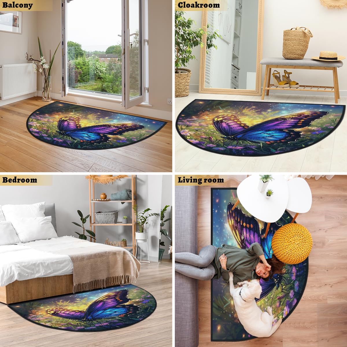Mexpekil Beau paillasson demi-lune pour intérieur et extérieur - Motif papillon et fleur - Demi-cercle - Tapis de sol antidérapant - Lavable - Attrape la saleté - 100 x 160 cm